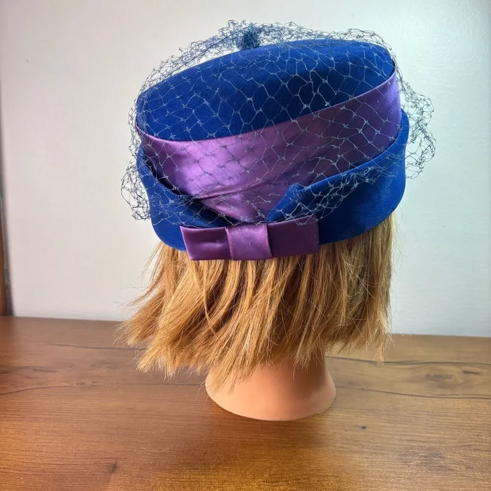 VTG 50s Pillbox Millinary Veiled Netting Hat Headpiece Blue Velvet Mod - Picture 12 of 12